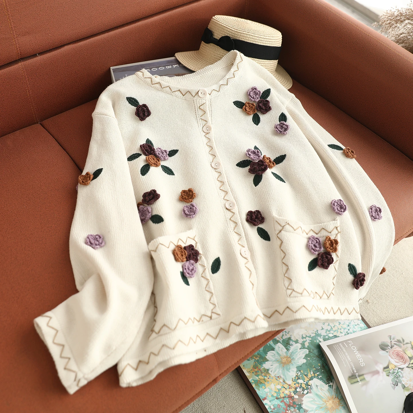 Japanse Zoete Mori Meisje 3D Bloem Applicaties Gebreid Vest Vrouwen Lente Herfst O-hals Lange Mouw Casual Losse Trui Jassen