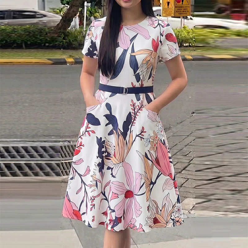 ZANZEA Floral Printing Short Sleeve Dress Elegant Sundress Women Casual Loose Round Neck Vestidos Holiday Vacation Robe Femme