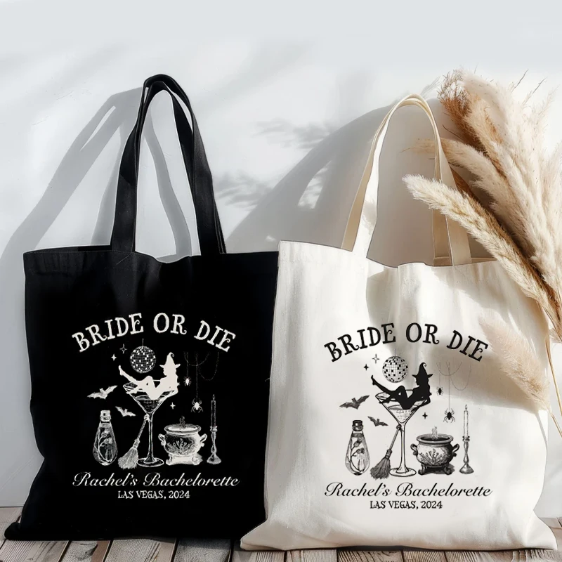 

Personalized Witch White Black Canvas Tote Bag Wedding Bachelorette Party Decoration Bride or Die Halloween Bridal Shower Gifts