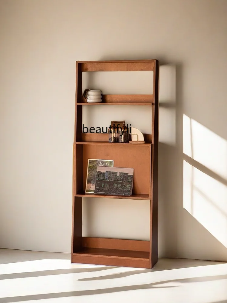 Solid Wood Floor Storage Rack Mid-Ancient Wall Storage Rack South Korea Ins Style Magazine Bookshelf Multi-Layer Board