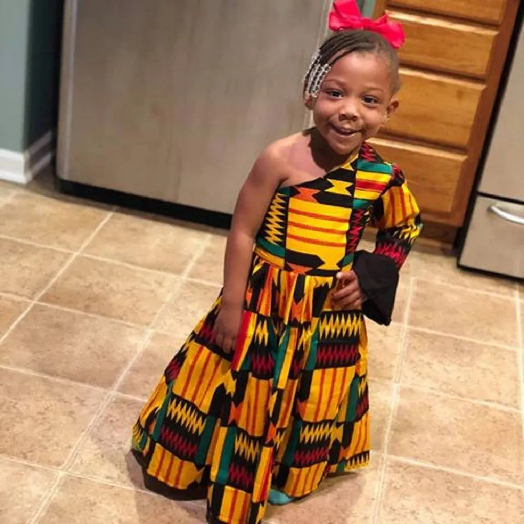 Toddler Kids Baby Girl Sloping Shoulder African Dress Party Dashiki Clothes 2024 Summer Casual Wear Hot Sale Vestido