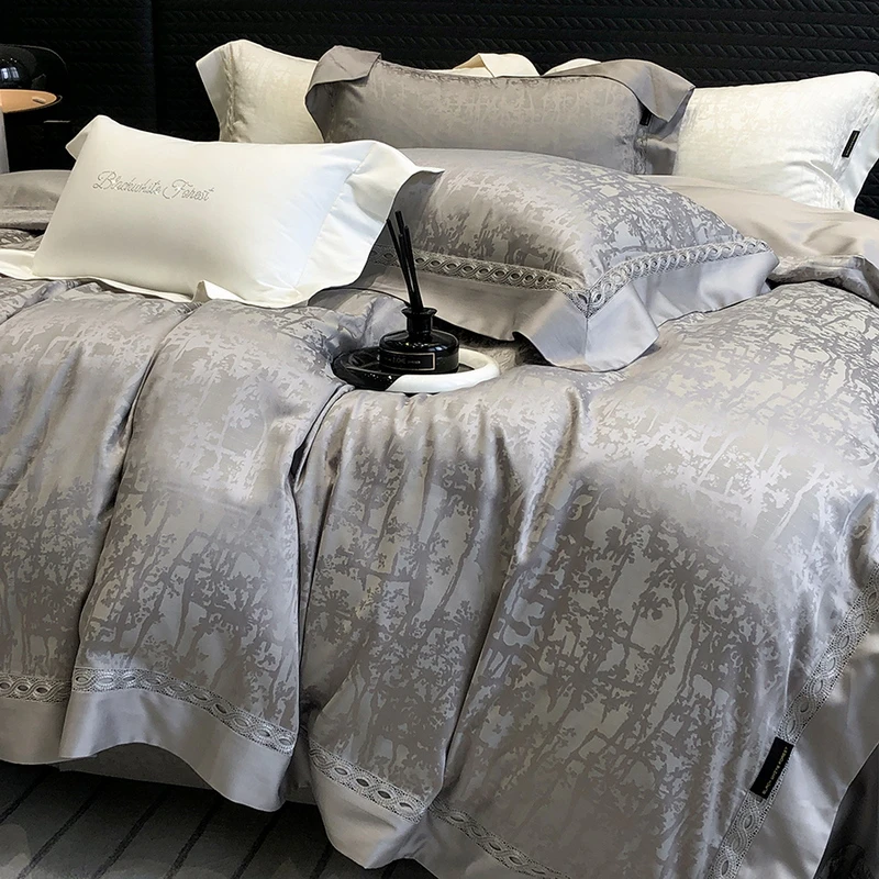 4Pcs Luxury Jacquard Bedding Set 35% Cotton + 65% Lyocell Natural Skin-friendly Breathable Duvet Covers Bed Sheet Pillowcases