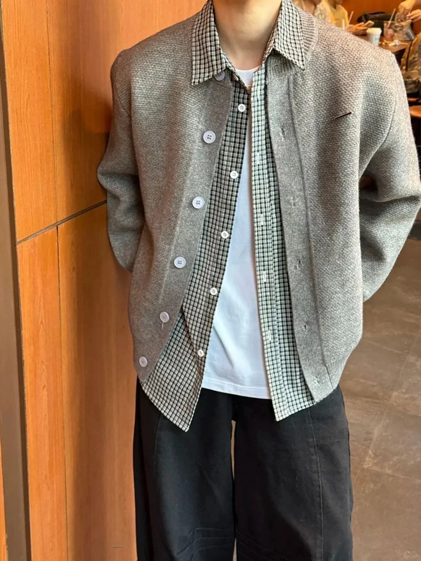  Plaid Splicing Knitted Cardigan Coat Men's Loose Casual Style Winter Sweater with Buttons Cleanfit Knitwear