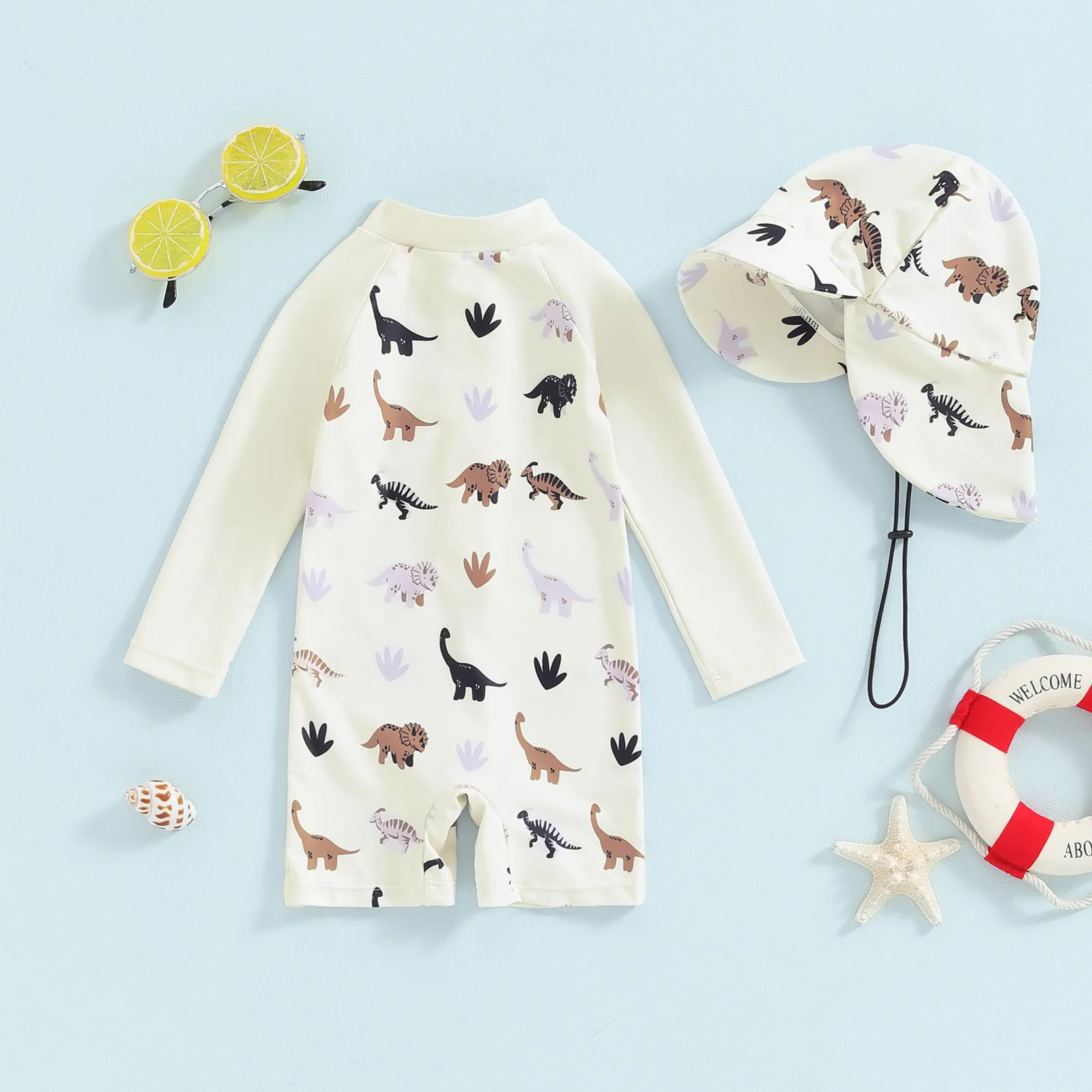 

New 2026 Boys One-piece Swimsuit with Sun Hat Kids Long Sleeve Cartoon Dinosaur Sun-protective Swimwear Baby Bathing Costume