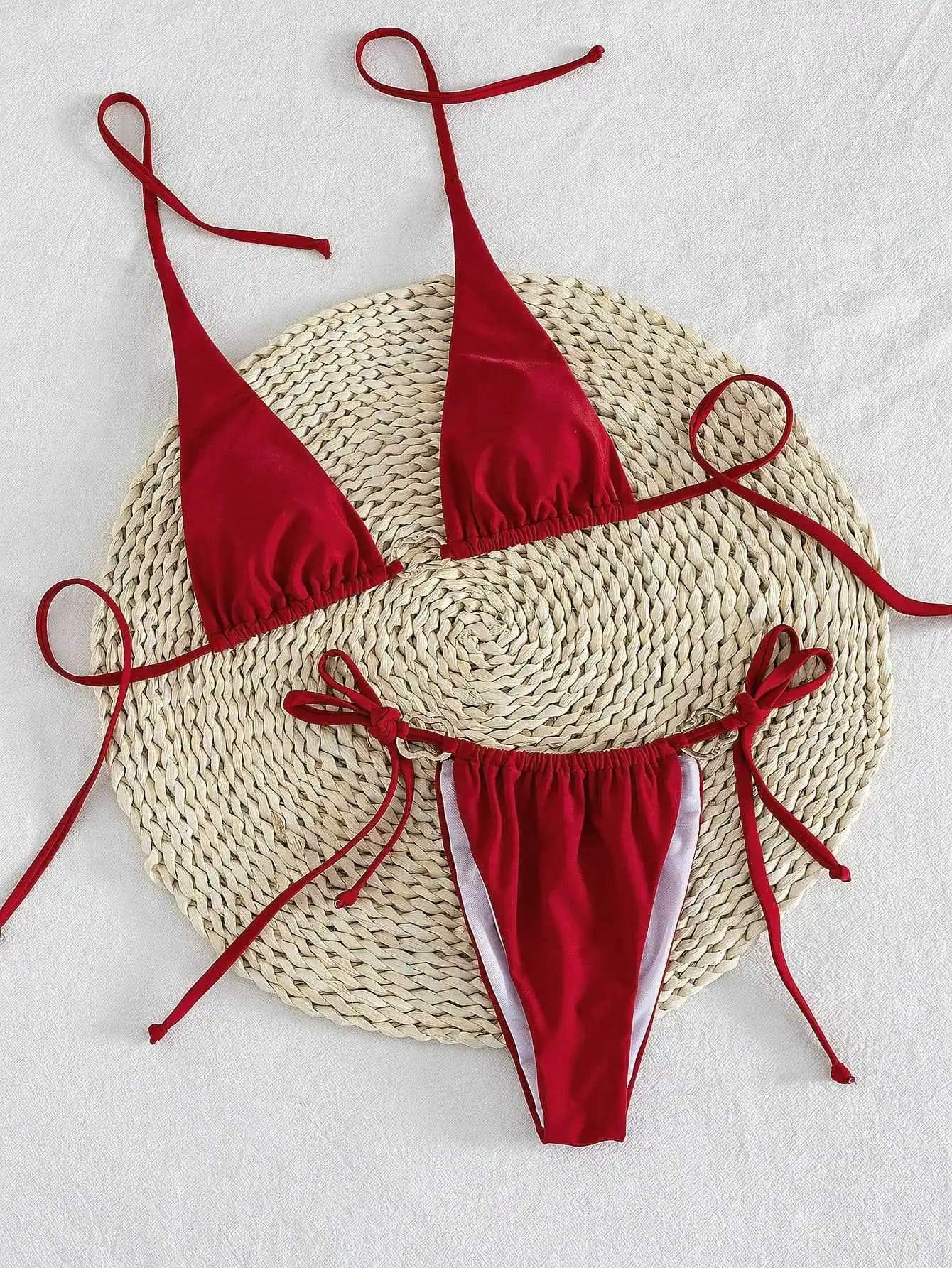 sexy plain red pink metal ring bikinis sets two pieces halter back tie thong swimsuits bathing suit swimwear biquini tankini