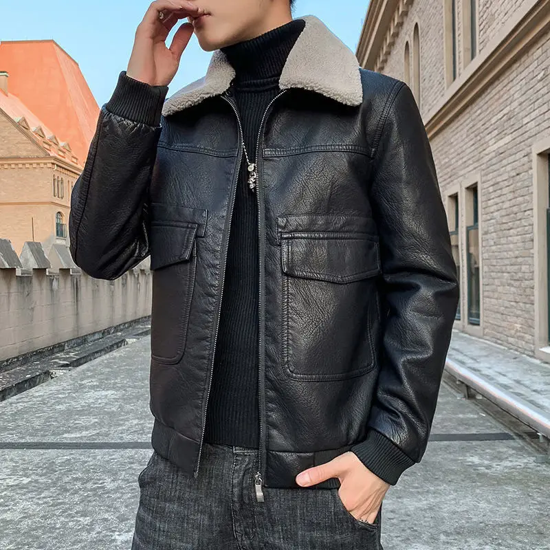 S-4XL New Fleece Thickening Solid Color All-match Korean Style Slim Fit Leisure Handsome Leather Jacket Men\'s Leather Jacket