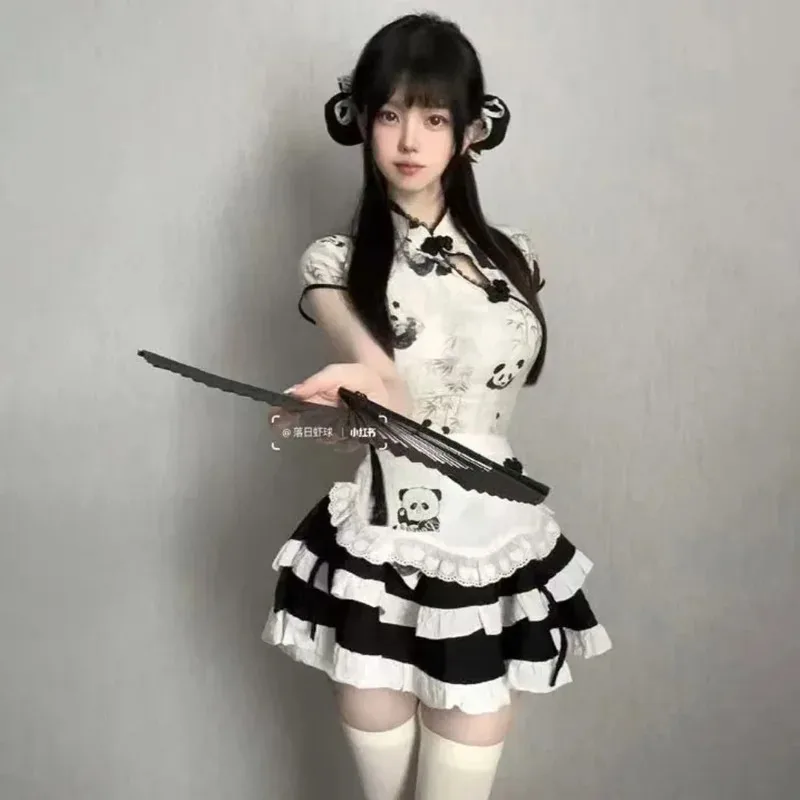 2025 Chinese Dress Vintage Sweet Kawaii Assymmetrical Qipao Top + Ruffles Skirt + White Apron Cute Lolita Clothingx;8's,6;