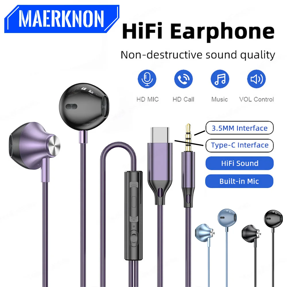 

HD Microphone Colorful Wired HiFi Headphones 9D Sound Bass Type-C/3.5mm Interface Practical Mobile Phone Accessories For Samsung