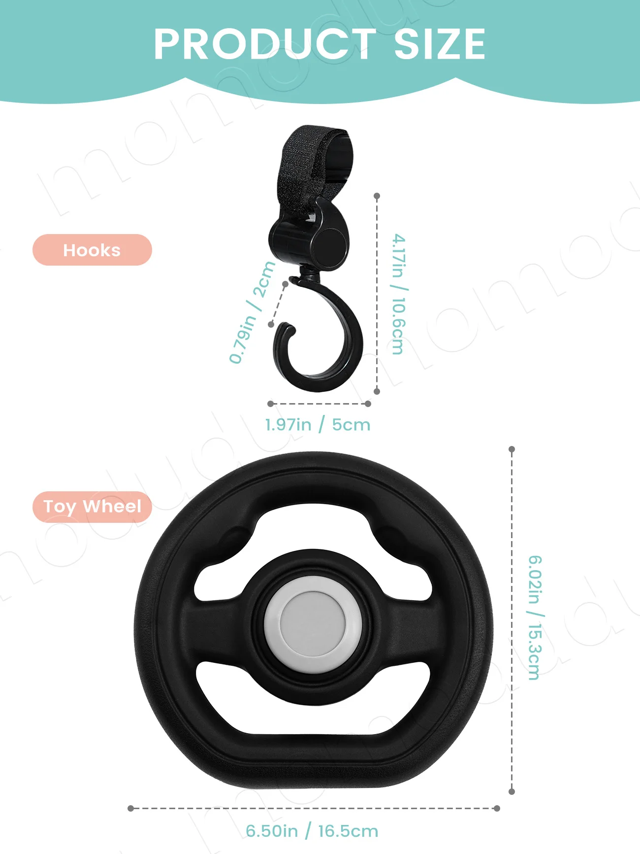 360° Rotatable Baby Stroller Steering Wheel & 2Pcs Hooks Set, Universal Baby Stroller Accessories & Bag Organizer Hanger