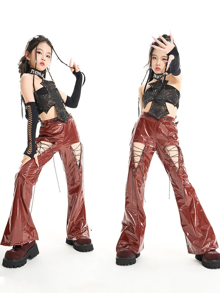 2025 Girls Jazz Dance Clothes Leather Navel Tops Trousers Fashion Street Outfits Catwalk Wear Hiphop Performance Costume BL17481