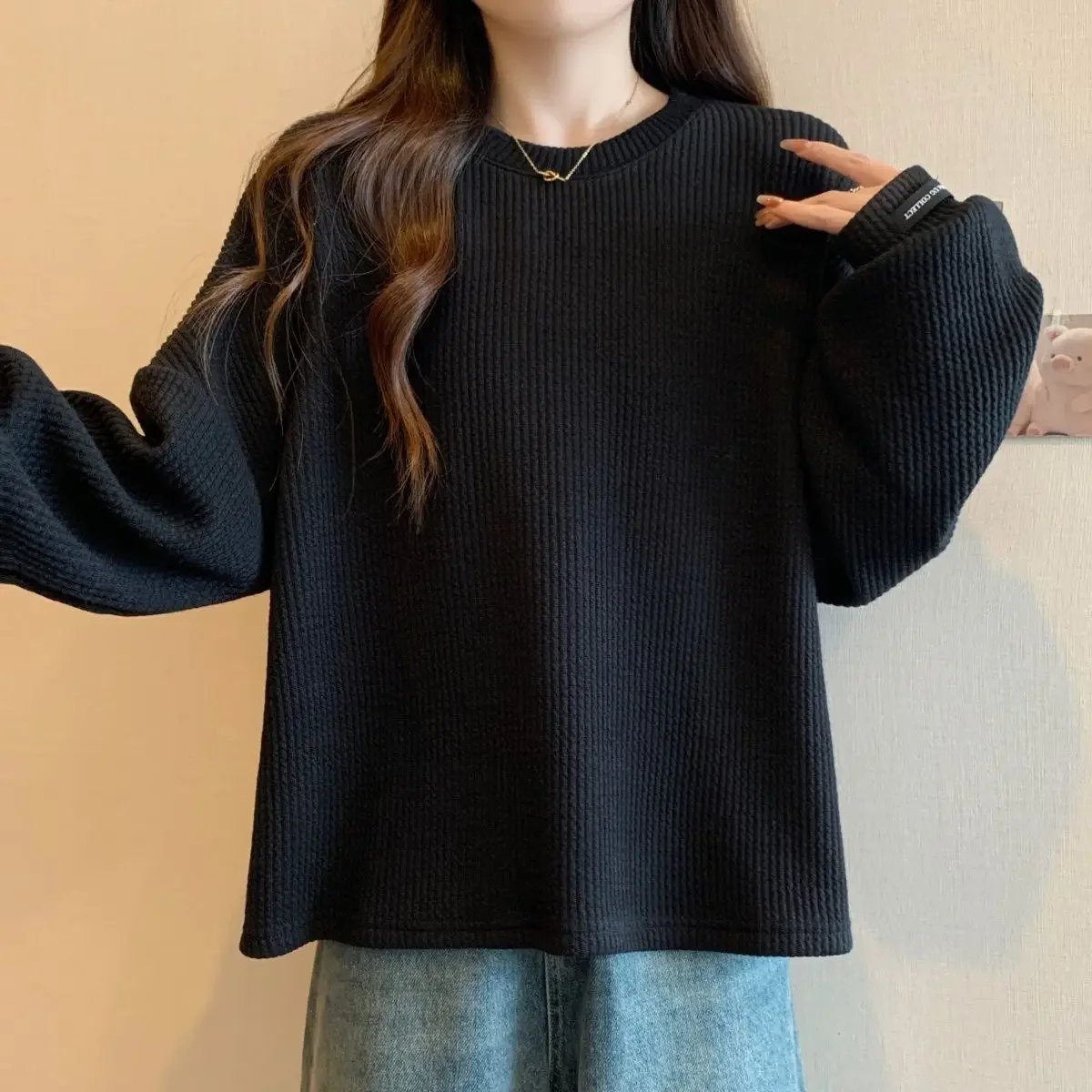 Large Pit Stripe Korean Underlay Shirt for Women Autumn and Winter New Loose Slim Simple and Warm Long Sleeve Top Ins Clothes