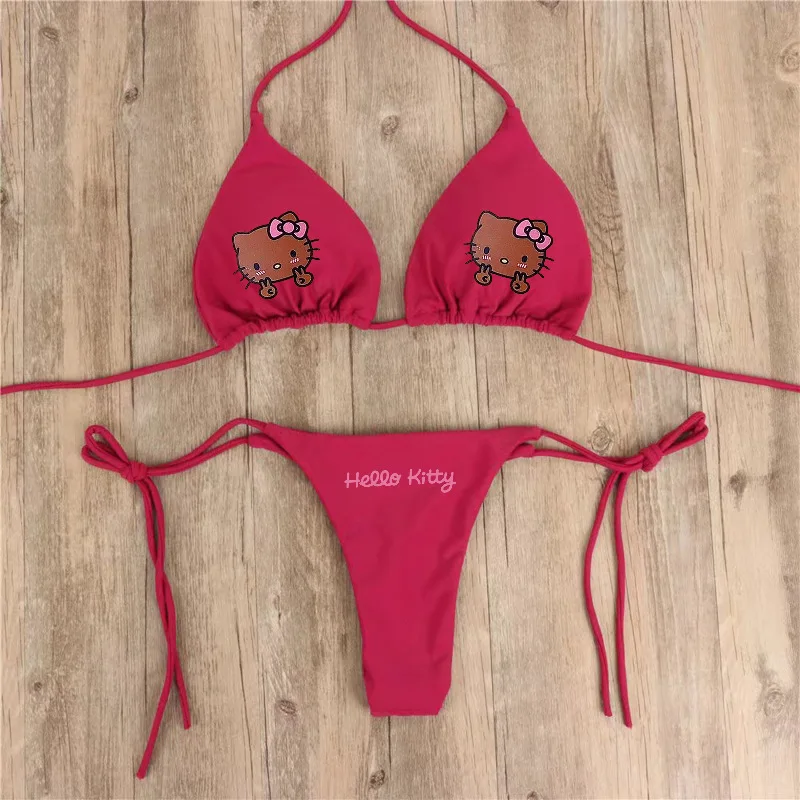 Anime Hello Kitty Bikini Set Summer Kawaii Kuromi Melody Beach Soft Side Strappy Panties Swimsuit Cute Girl Cartoon Swimsuit view 5