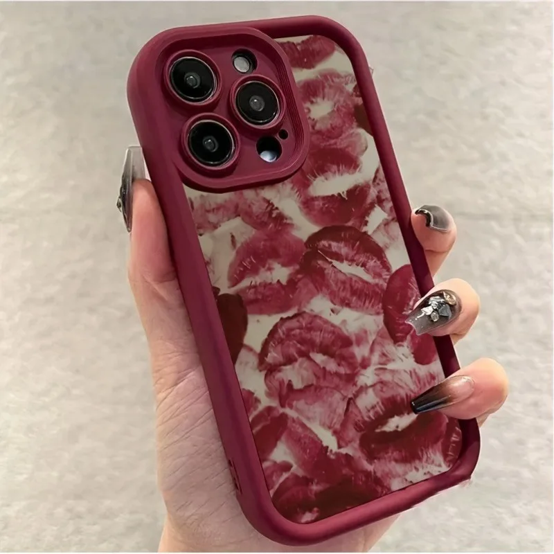 Valentines Wine Red Lip Print Soft TPU Shockproof Phone Case For iPhone 17 16 15 14 Pro Max 16E 13 12 11 XS X XR 7 8 Plus Cover - náhled 3