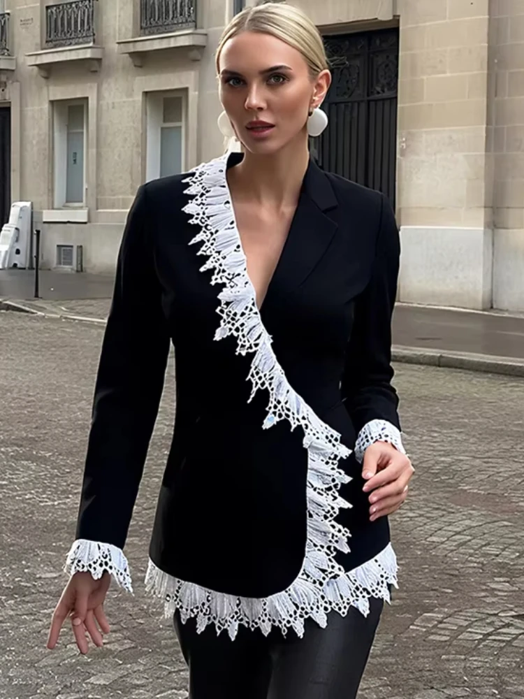 

Macheda ElegantJacket Woman Lace Patchwork Design Single Button V-Neck Petal Sleeve Street Style Autumn Trend Classic Coats