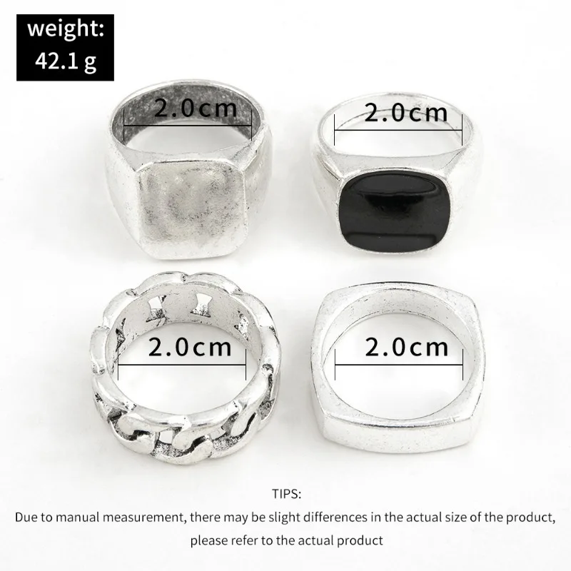4 Pieces/set Men Vintage Punk Rings Set Geometric Metal Hollow Out Rings for Men Finger Ring