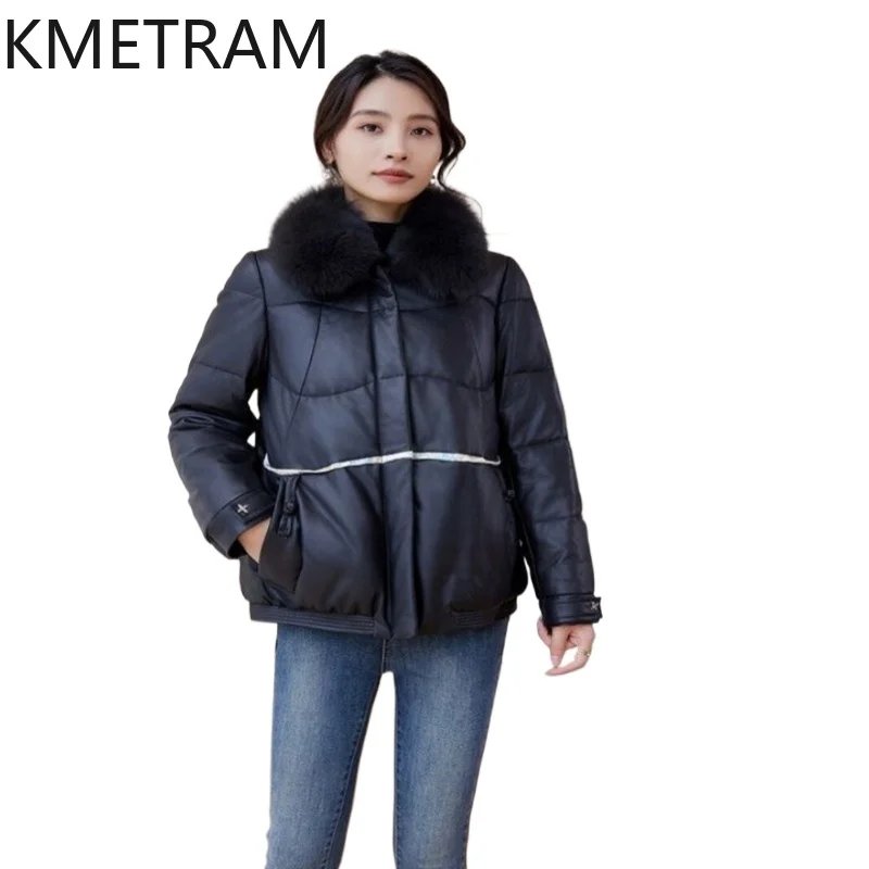 100% Sheepskin Puffer Jacket Women High Quality Genuine Leather Short Down Coats with Fox Fur Collar Winter Clothes 2025 пуховик
