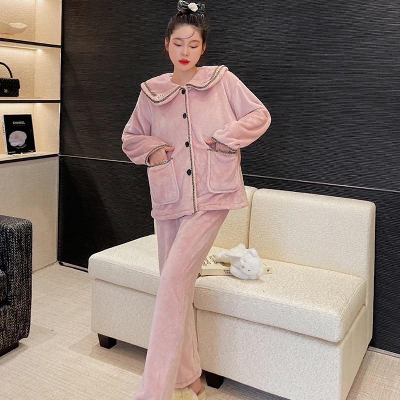 

Pajamas Set Nightwear Lapel Long Sleeve Embroidered Flannel Sleep Suit Shirt Pant Sleepwear 2Pcs Home Clothes Lounge Outside