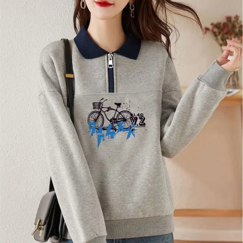 Spring Autumn Women\'s Zipper Geometric Letter Printing Lantern Long Sleeve Peter Pan Collar Casual Elegant Fashionable Tops