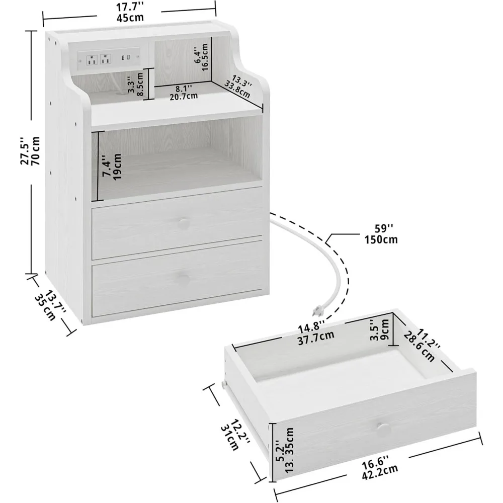 White Nightstand with Charging Station 2 Drawers and Storage Shelves, Left and Right Interchangeable Sockets Bed Side Table