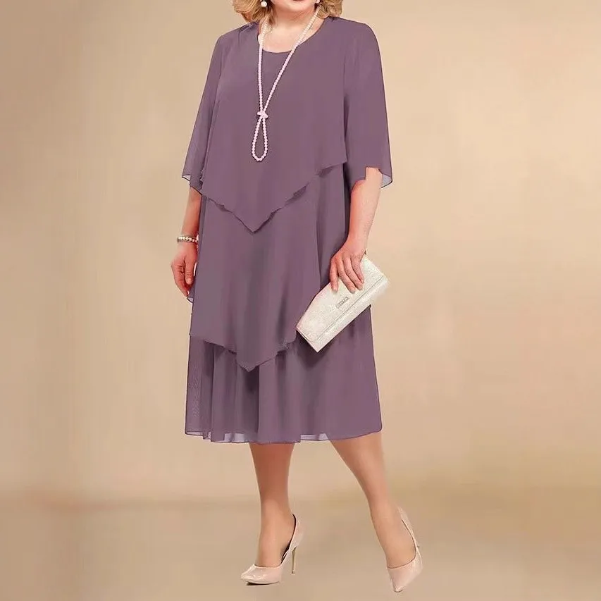 Elegant Party Dress Wedding Guest Round Neck Cap Sleeve Ruffle Evening Dress Midi Three Quarter Sleeve Layered Chiffon Dress