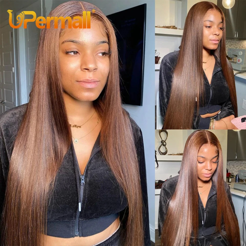 Upermall Chocolate Brown 3/4 Bundles with Closure Straight Human Hair Remy #4 Colored Transparent 4x4 5x5 Lace Closure and Weave