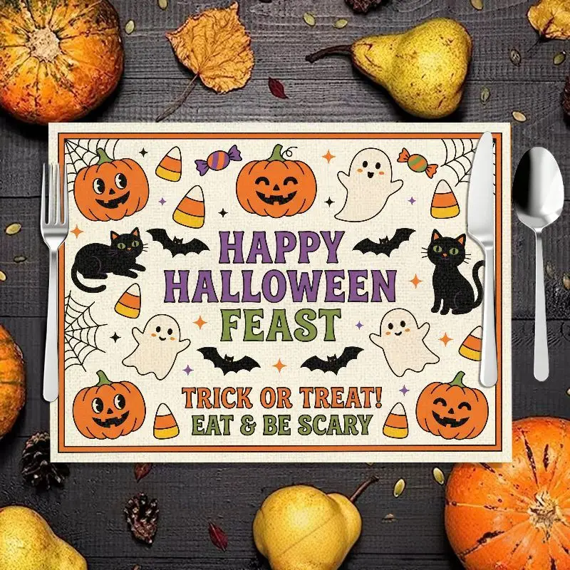 VIKAMA Happy Halloween Feast Placemat Ghost Pumpkin Black Cat Print Linen Table Mat Cute Holiday Dinner Tabletop Decoration