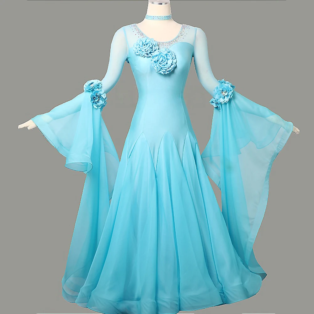 High-End-Party-Gesellschaftstanzkleid mit langen Ärmeln, Damenbekleidung, Strass, Flamenco, eleganter rosa Übungsanzug mit Rundhalsausschnitt