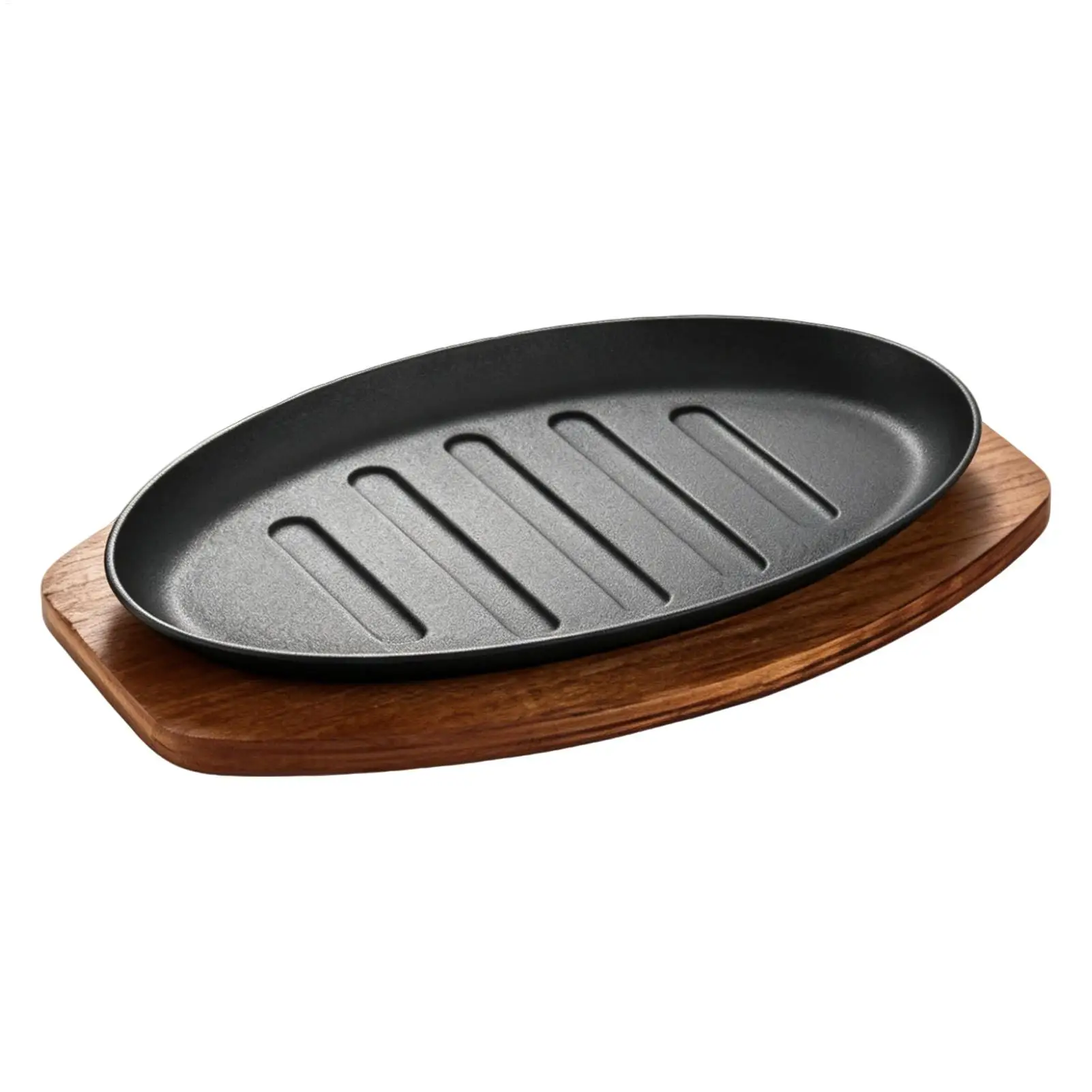 Cast Iron Oval  Shape Restaurant Barbecue Plate Steak Sizzling Hot Pan Plate with Wooden Base Teppanyaki Grilled Fish Tray view 2