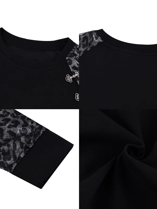Loose round Neck Mesh Bright Thread Leopard Print Patchwork Sweatshirt Casual Style Women's Autumn New Fashion Top