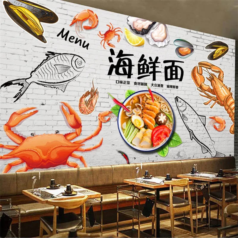 Custom Size Hand-painted Seafood Background Mural Wallpaper 3D Custom Restaurant Name Snack Bar Industrial Decor Wall Paper 3D