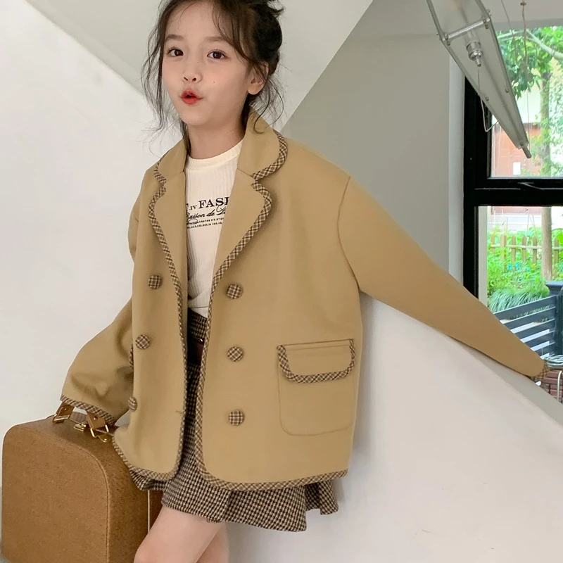 

Boy Girl Outerwear Autumn Winter College Style Suit With Cotton Clip Medium To Long Woolen Fabri Loose Temperament Trendy