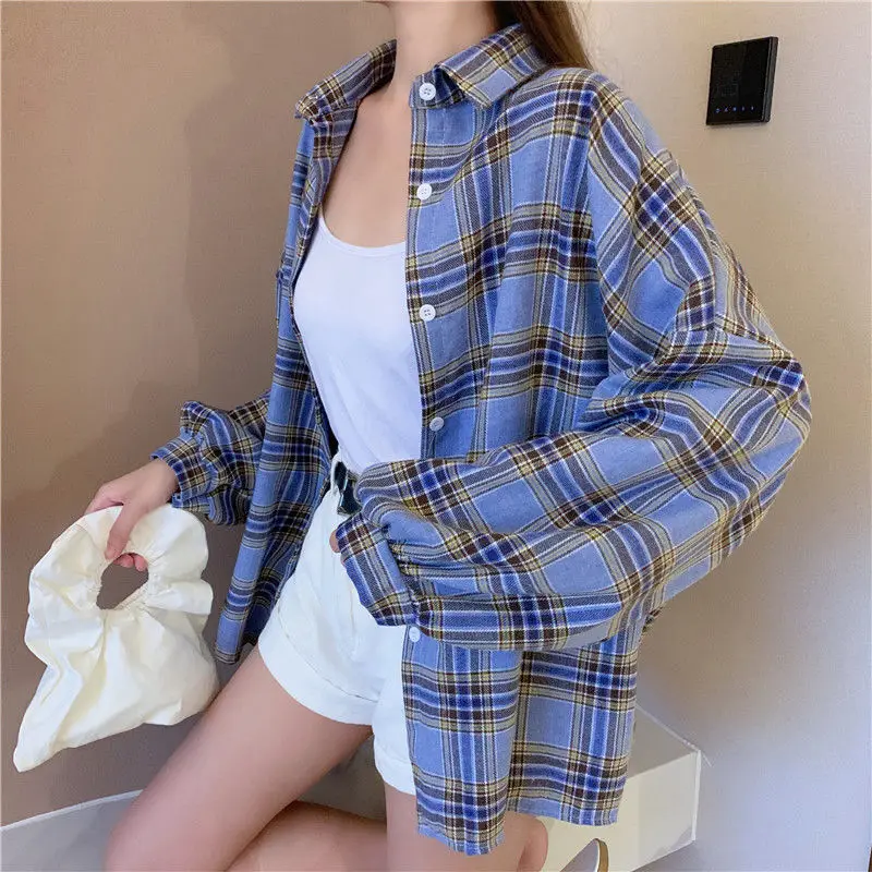 Women Retro Plaid Shirts Turn Down Collar Long Lantern Sleeve Loose Shirt Mid Length Autumn Harajuku Outwear Tops Blusas Mujer