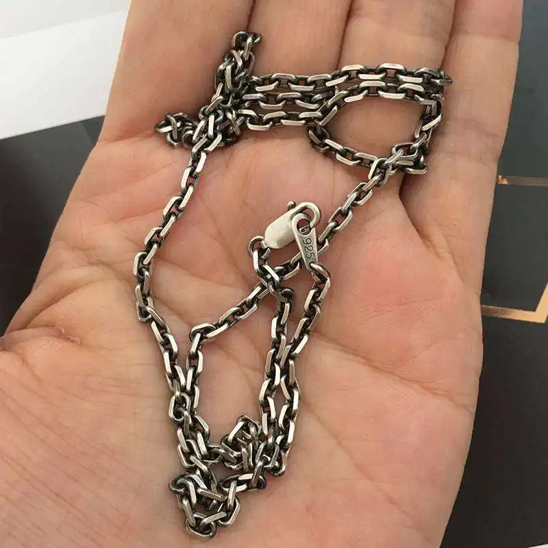 2.8mm Wide Angle Link Chain for Men Platinum Plated Vintage Distressed Finish Minimalist Pendant Free Urban Streetwear Unisex