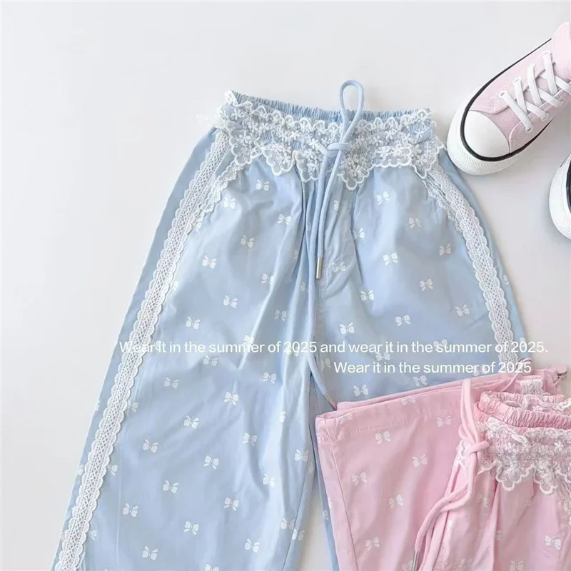 

Fashion Elastic Loose Pants Children Lace Decor Trousers 3-8 Year New Girls Bow Print Pants Spring Summer Kids Wide-leg Trousers
