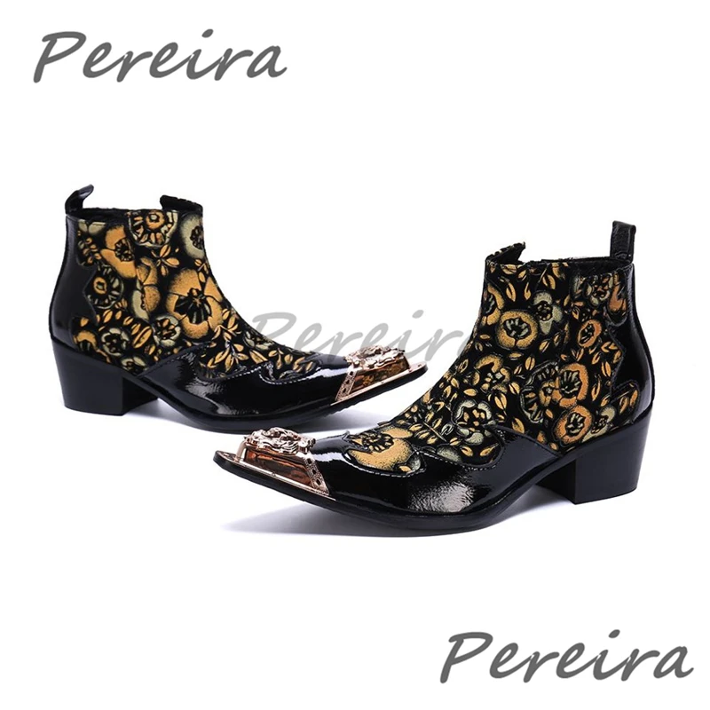 

Men's Printed Carved Cowhide Ankle Boots Trendy Thick High Heel Chelsea Boots Pointed Toe Zipper Business Casual Shoes
