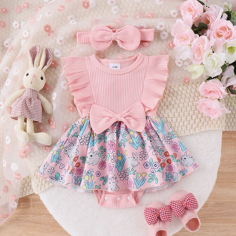 

0-18Months Infant Baby Girls 2Pcs Spring Outfits Sleeveless Bunny Floral Print Ribbed Romper + Headband Set Newborn Clothes