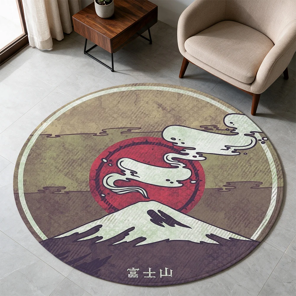 Japanese Mount Fuji Landscape Round Area Rug for Living Room Boho Zen Style Home Decor Mat