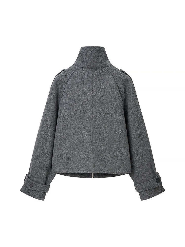 HH المرأة عالية الياقة جيوب سستة واحدة الصدر الديكور معطف قصير امرأة أزياء فضفاضة طويلة الأكمام الشارع سترة