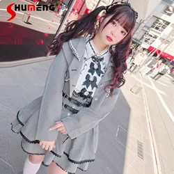 Japanese Mine Style Mass-Produced Beads Pearls Plaid Lace-up Bow Sailor Collar Long Sleeve Slim Fit Jacket Top for Women Autumn