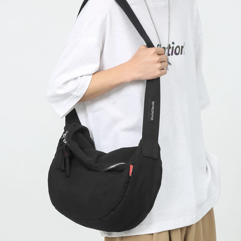 Bolsos de hombro de lona Unisex para mujer, bolsos cruzados de estilo japonés, paquetes negros sólidos, gran capacidad