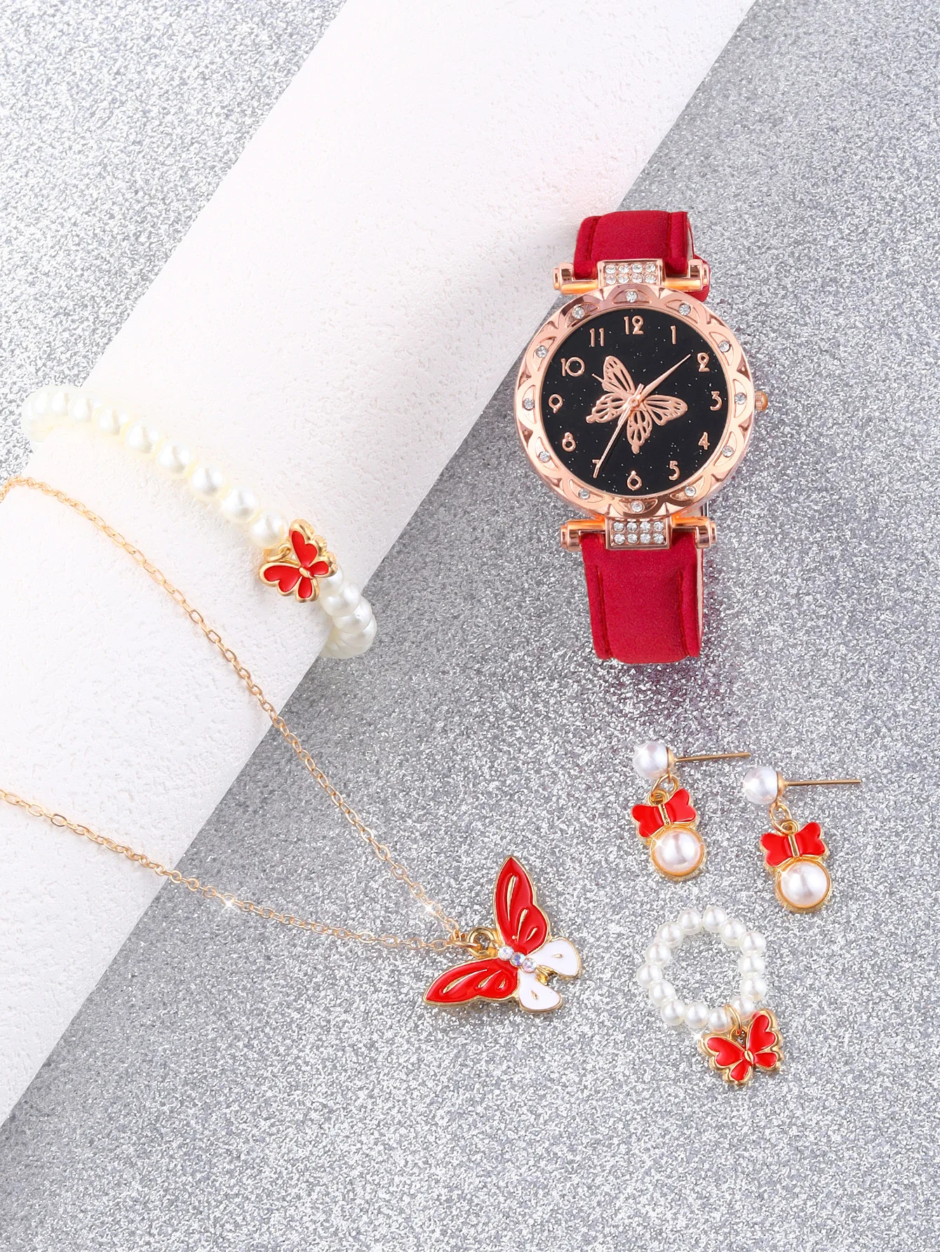 Fashion red lace Large Butterfly ladies quartz watch with beaded butterfly necklace set gift