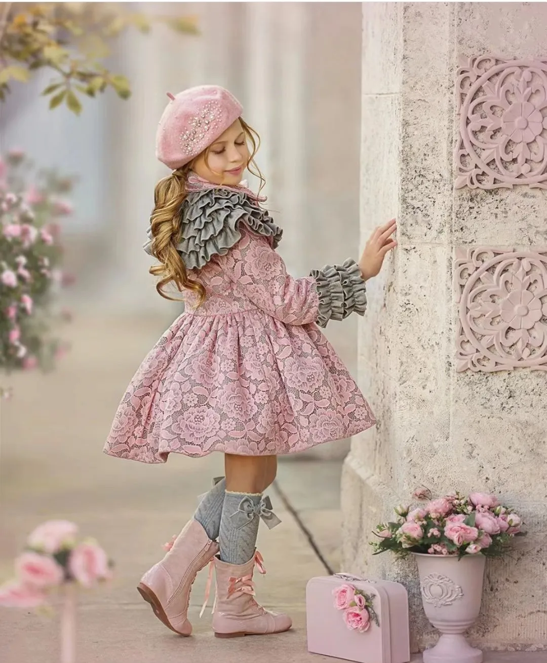 1-12Y Baby Girl Winter Pink Lace Vintage Palace Spanish Turkish Princess Wool Coat Cape for Birthday Eid Photography