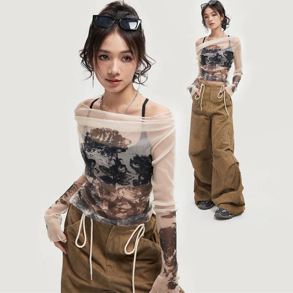 Retro ink wash floral print semi-transparent mesh off-shoulder long-sleeved top for ladies - sheer and fitted for a modern stree