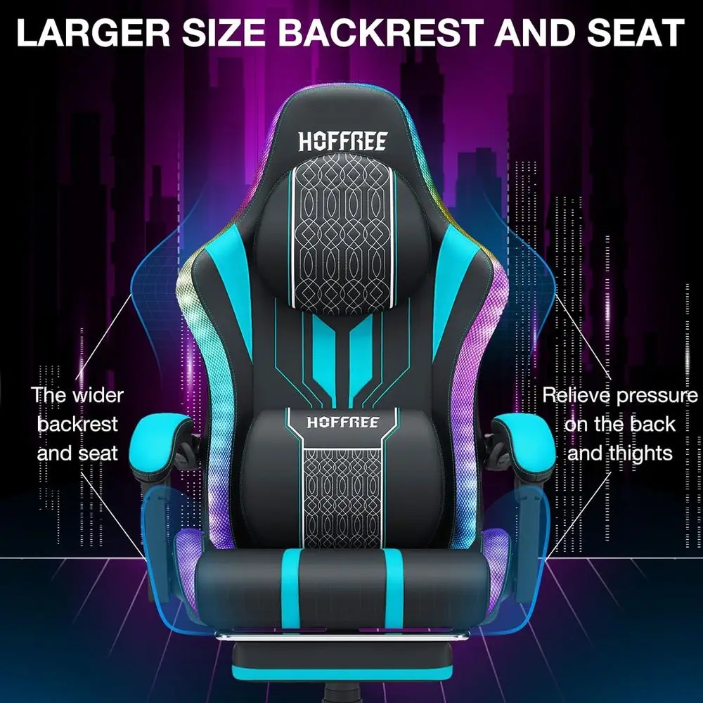 Gaming Chair with LED Lights Speakers Massage Big Tall Computer Chair-Blue | RGB Game Chair with Bluetooth;Widened Seatting;High view 6