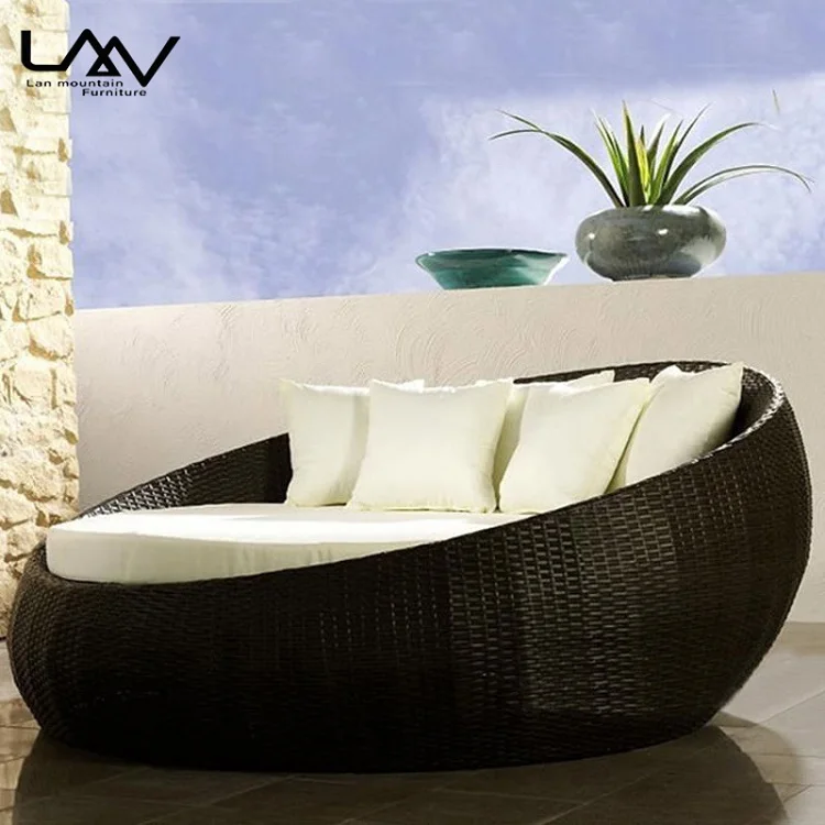 Modern Outdoor Recliner Garden Patio Wicker Sun Bed Beach Swimming Pool Lazy Round Day Bed with Canopy