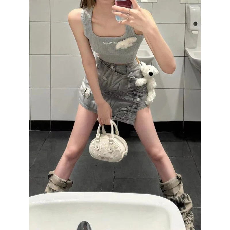 MEXZT Y2K Ripped Denim Mini Skirt Women Streetwear Asymmetrical Jeans Skirts Summer Harajuku Sexy Gyaru Patchwork Design Faldas