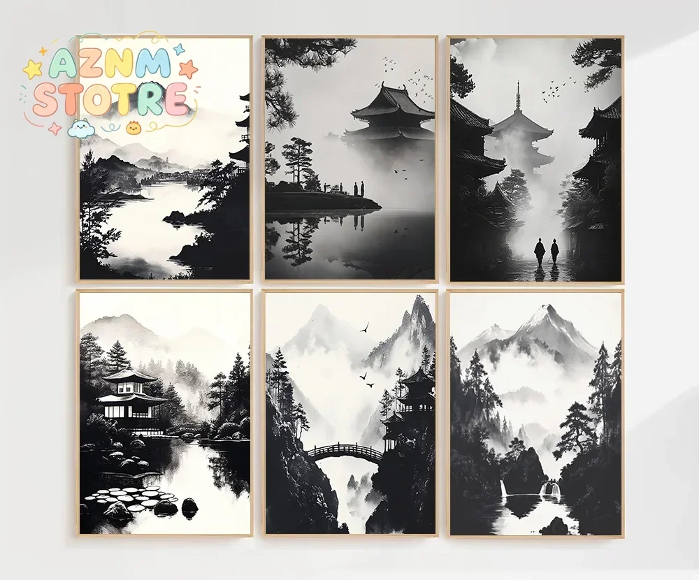 Monks by Pagoda Reflecting on Misty Lake Black and White Zen Art Minimalist Chinese Style Pavilion Poster Serene Peaceful Dec