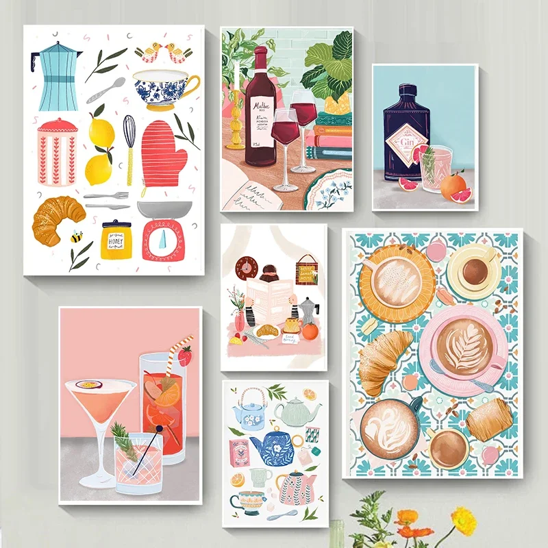 Multiple sizes 1pc frameless Canvas Painting,Modern Kitchen Food Wine Posters Delicious Croissant Floral Patterns Teacups Prints