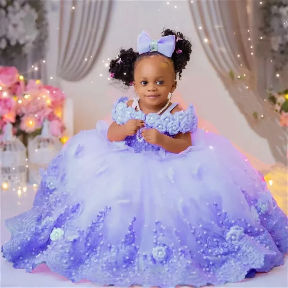 Custom Pink 3D Floral Lace Fairy Flower Girl Dress First Christmas Wedding Party Princess Gown فساتين اطفال سهرة