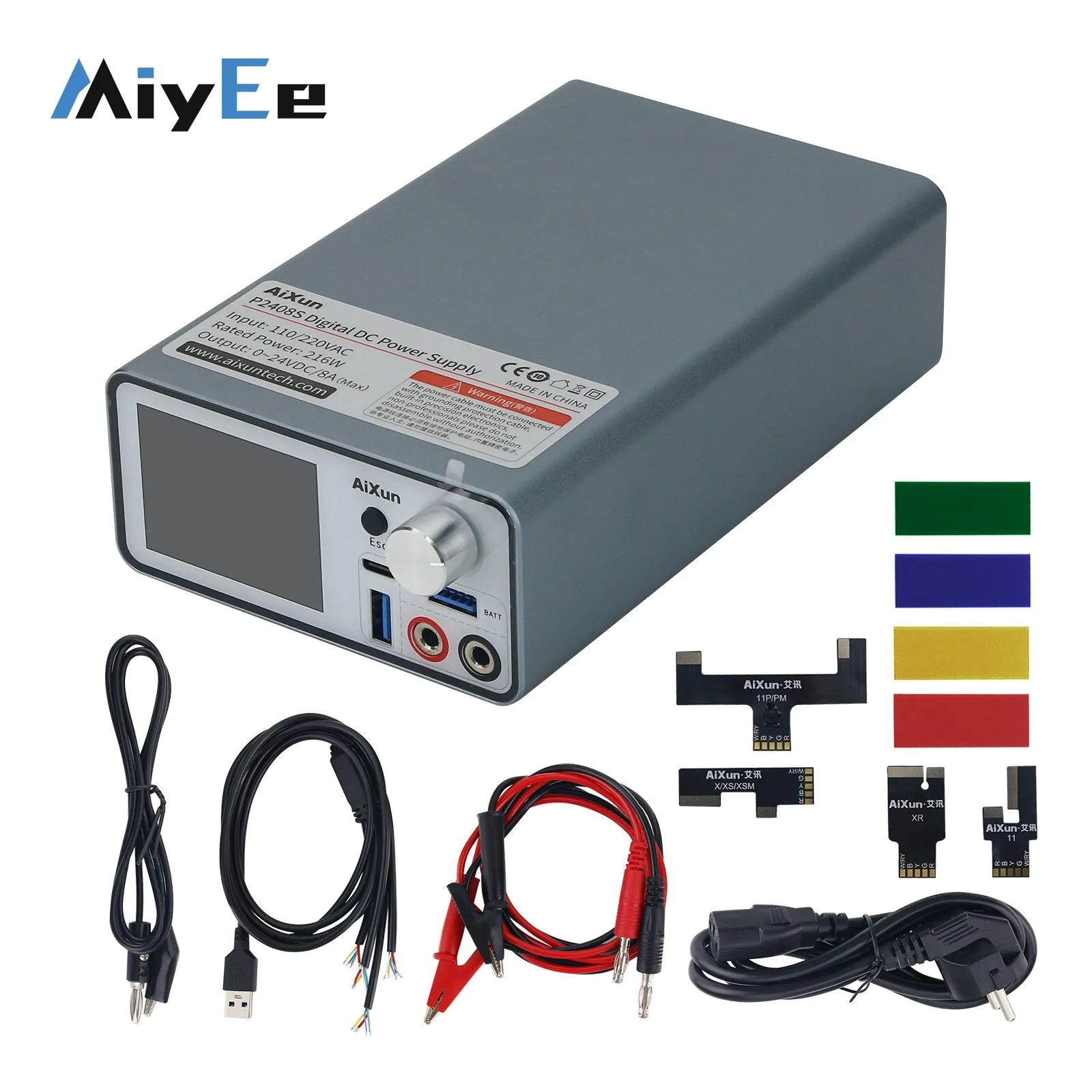AiXun P2408S 24V 8A Fuente de alimentación regulada Fuente de alimentación CC ajustable con cables flexibles para iPhone X-11